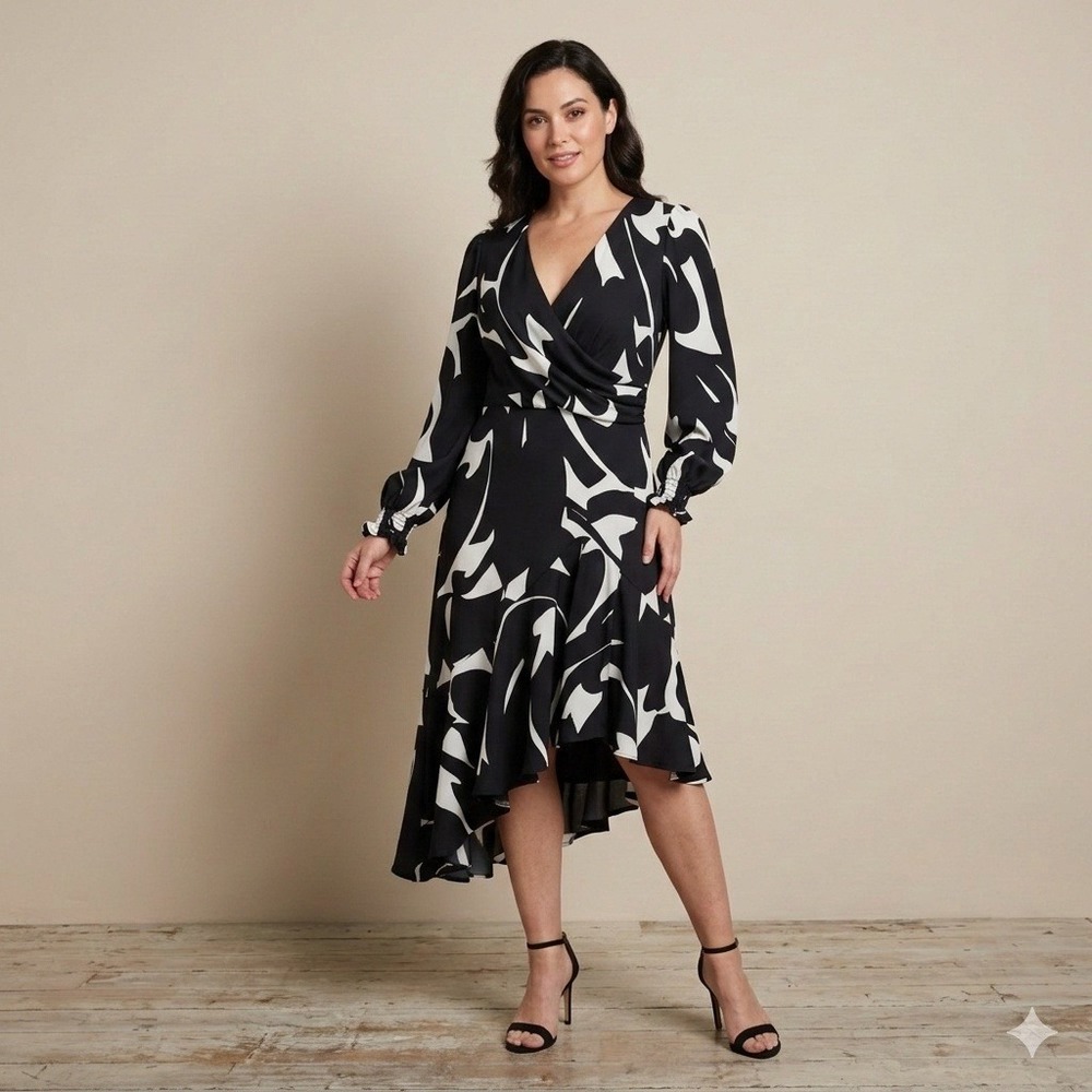 DKNY Asymmetrical Midi‎ Dress Women Size 10 Black White Abstract Faux Wrap Chic
